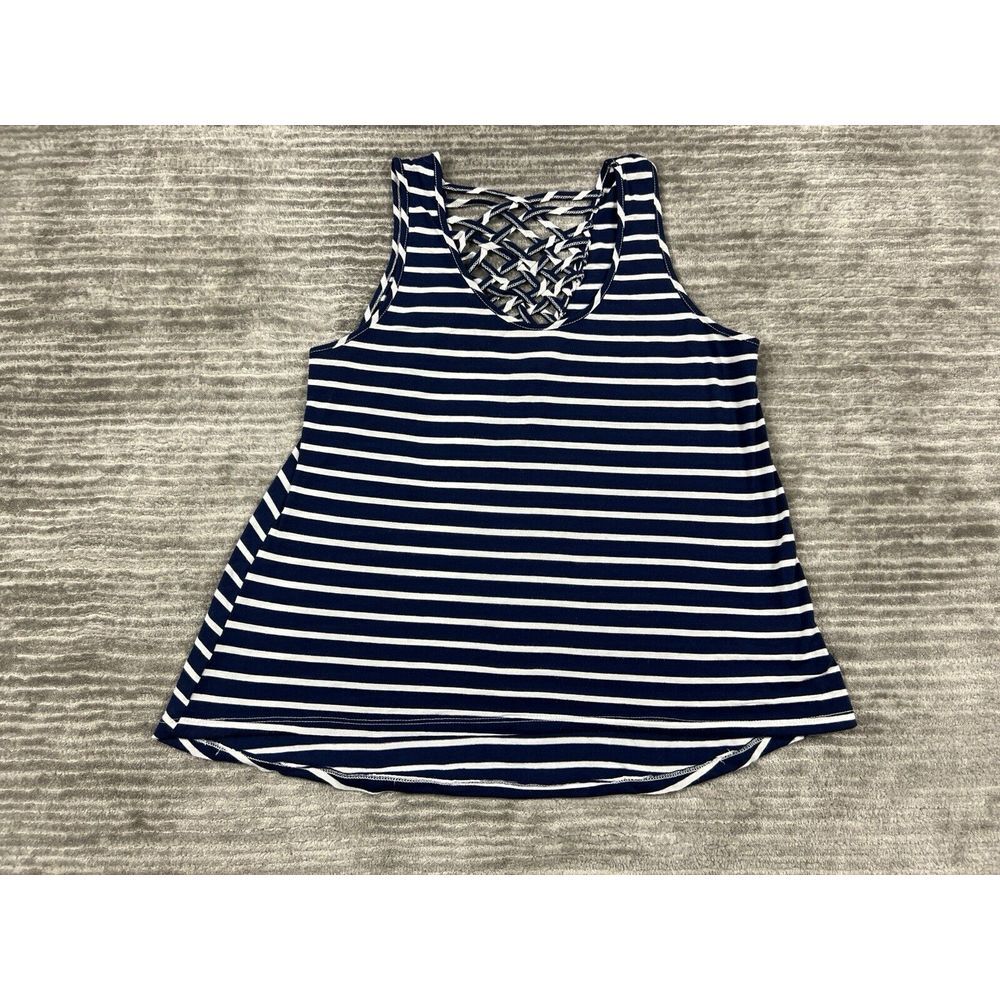 Legaci Top Womens Large Blue White Striped Sleeveless Polyester Blend